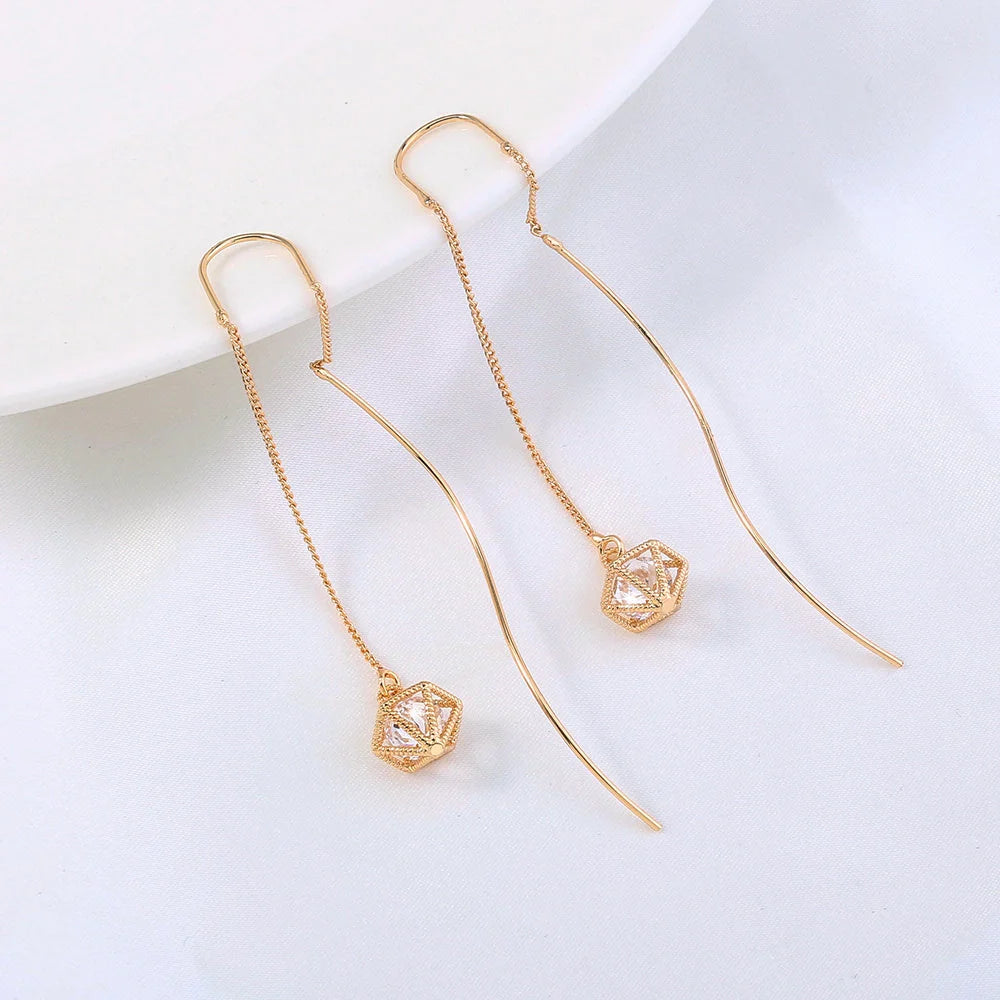 Gold Bronze Cutout Zircon Tassel Earrings with European and American Style