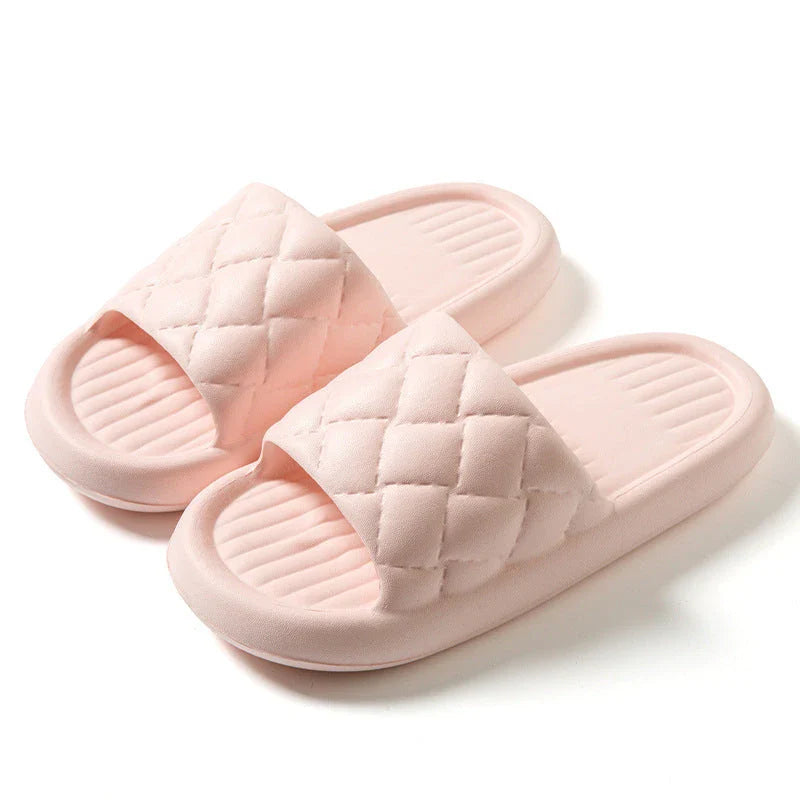 Comfortable and lightweight home slippers with a unique rhombus pattern, waterproof and odor-resistant EVA material, and a non-slip sole for safe indoor wear.