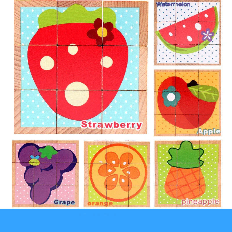 Colourful wooden 3D jigsaw puzzle with various patterns including fruit, insects, traffic, and animals