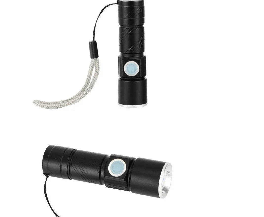 Compact, waterproof and rechargeable LED torch with USB charging, made from durable aluminium alloy for outdoor and emergency use