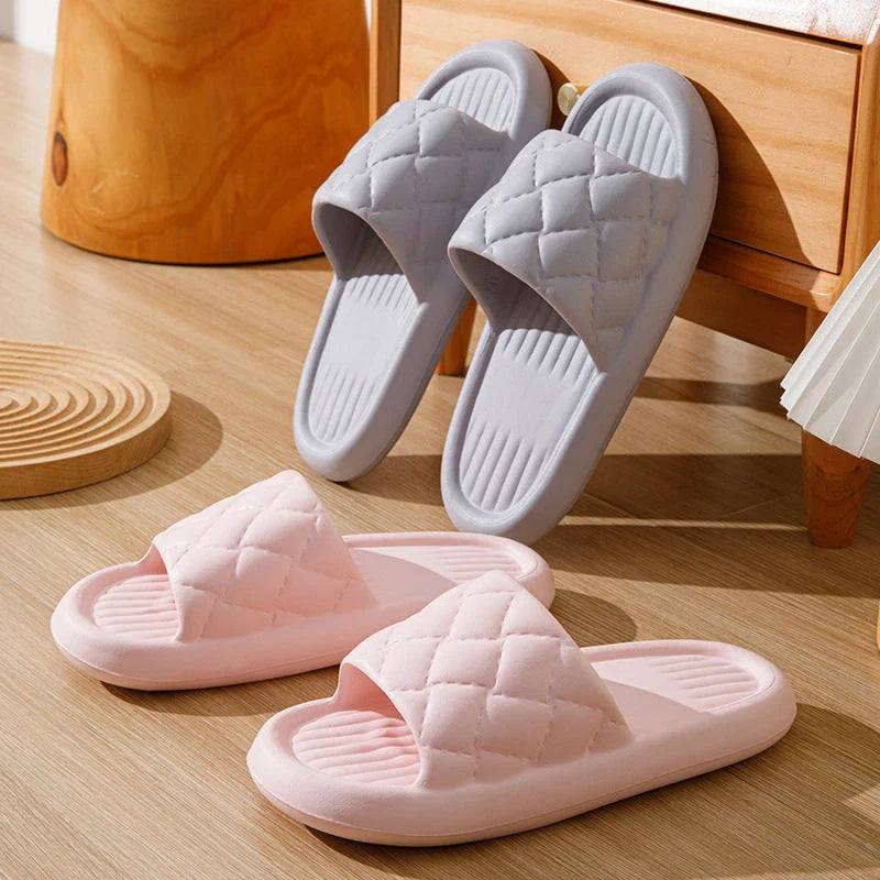 Comfortable and lightweight home slippers with a unique rhombus pattern, waterproof and odor-resistant EVA material, and a non-slip sole for safe indoor wear.