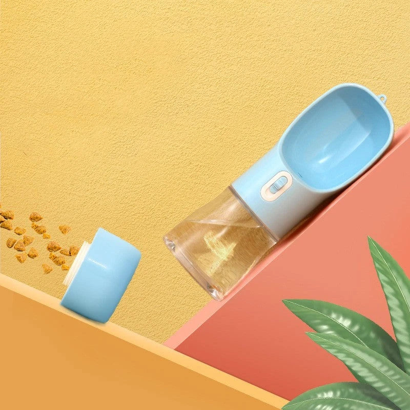 Portable pet water bottle and food bowl made of durable plastic, available in multiple colors for outdoor adventures with your furry friend.