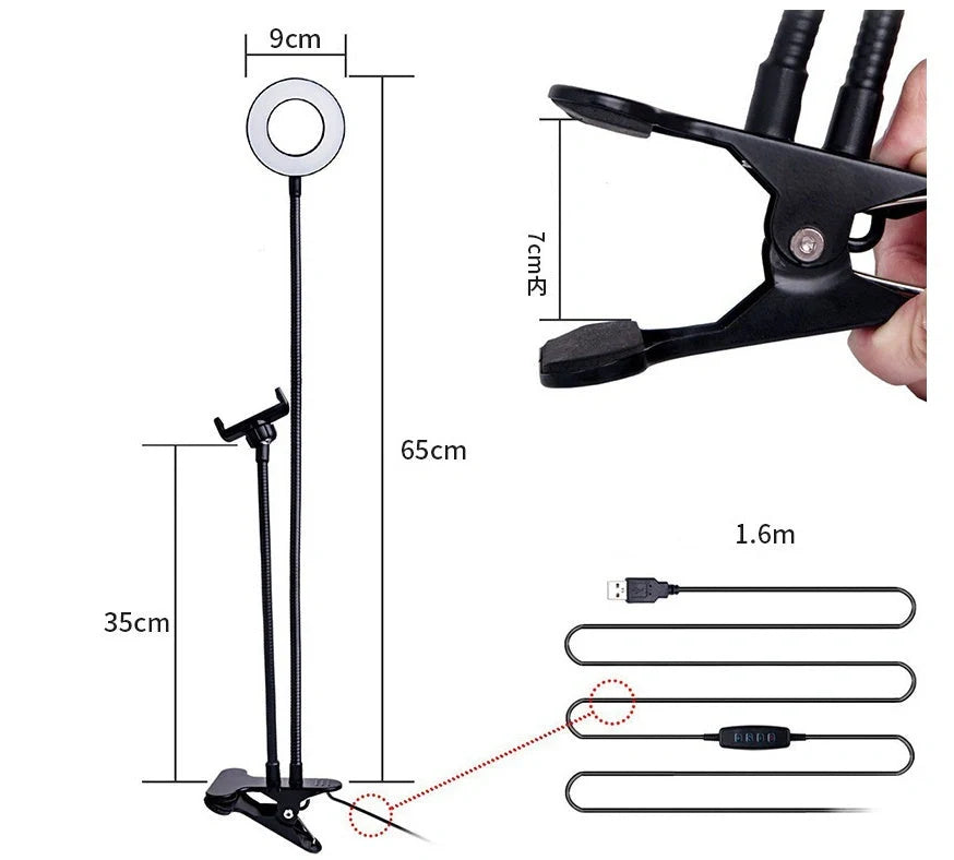 Adjustable LED ring light with 360-degree swivel ball head for capturing flawless selfies and makeup application