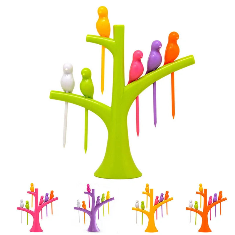Kids' plastic fruit forks with tree and birds design in vibrant colours