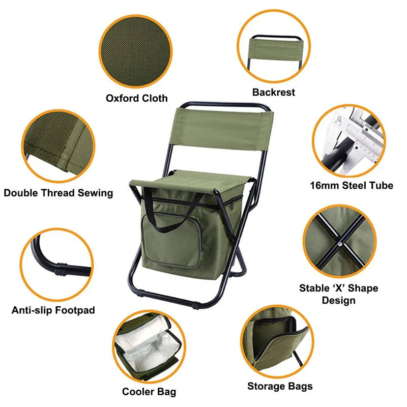 Portable foldable fishing chair with built-in refrigerator for keeping drinks and snacks chilled during outdoor activities