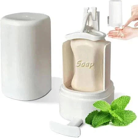 Wall-mounted soap grinder dispenser with adjustable powder output in white