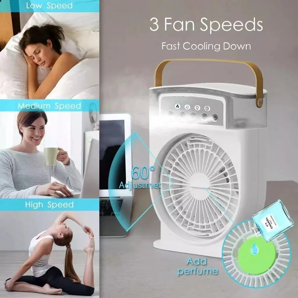 Compact USB-powered evaporative air cooler with 7-color mood lighting, portable design, and powerful fan for personal climate control