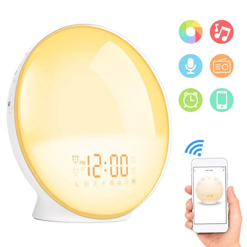 Natural wake-up light alarm clock with soothing nature sounds and customisable ambient lighting