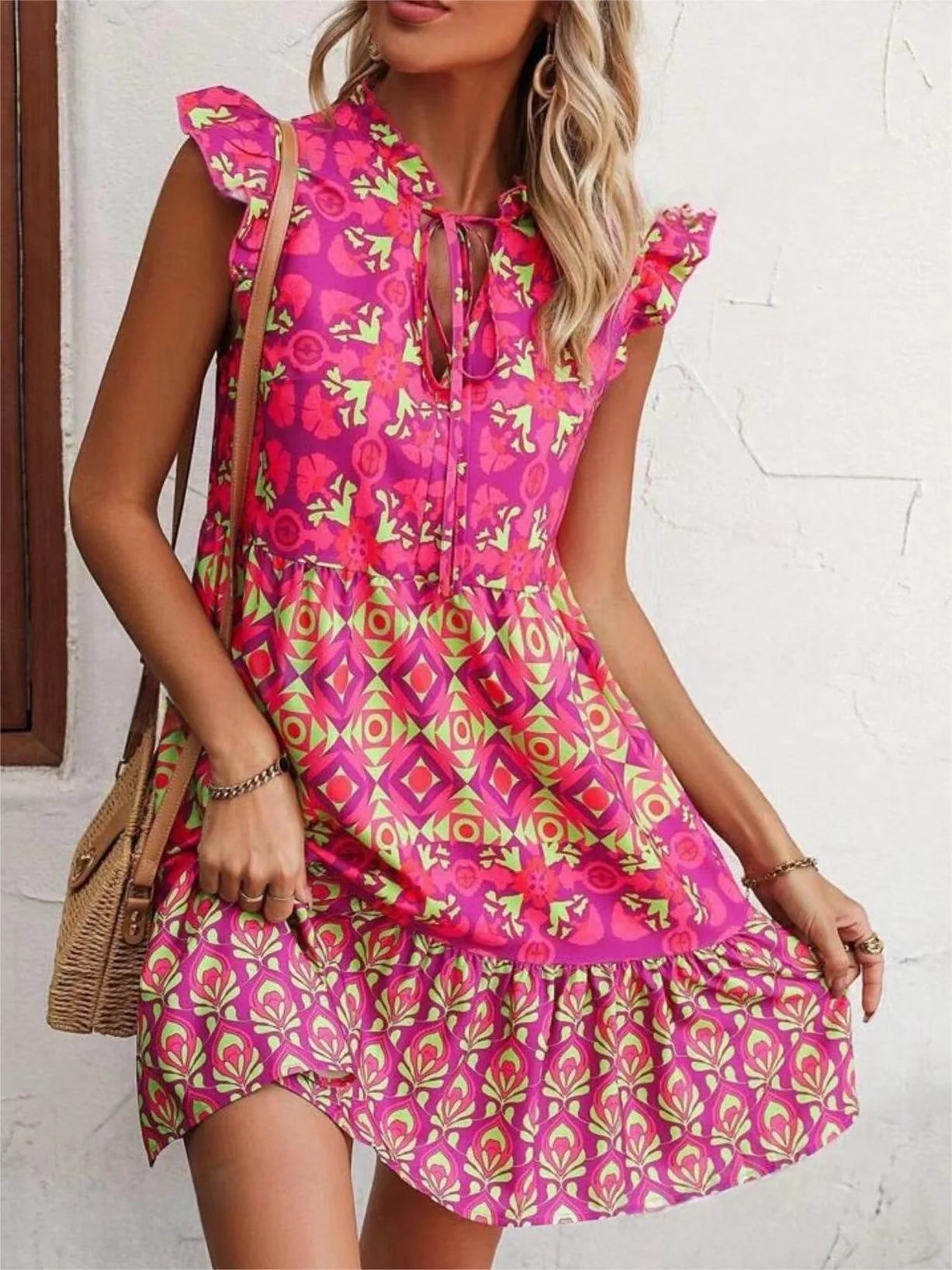 Stylish sleeveless dress with v-neck, lace-up detailing, and vibrant digital printing for a chic summer look