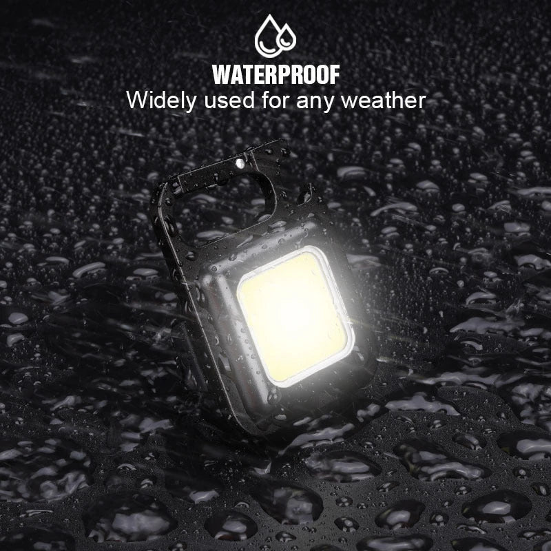 Powerful USB-rechargeable keychain flashlight with three lighting modes, magnetic base, and foldable handle for outdoor and emergency use