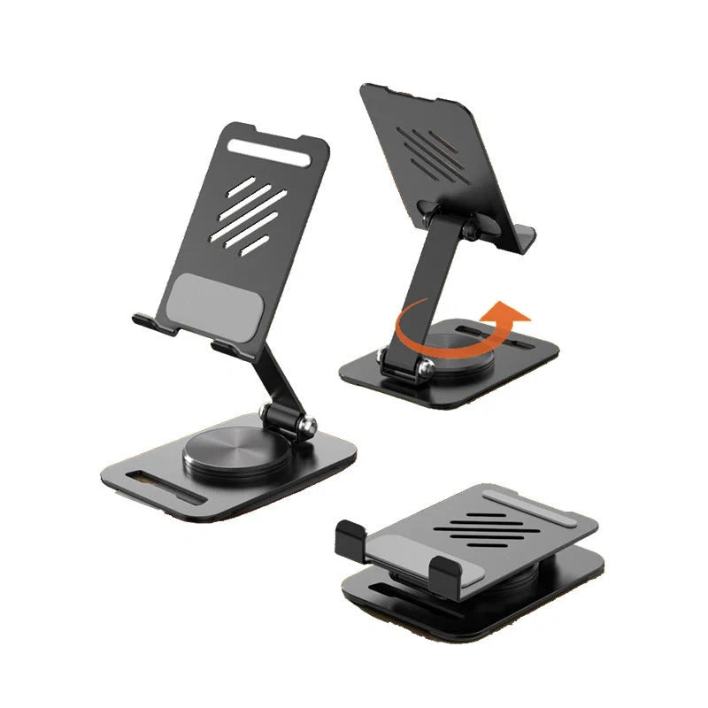 Adjustable 360-degree rotating metal desk phone and tablet stand in black, white, and silver colours