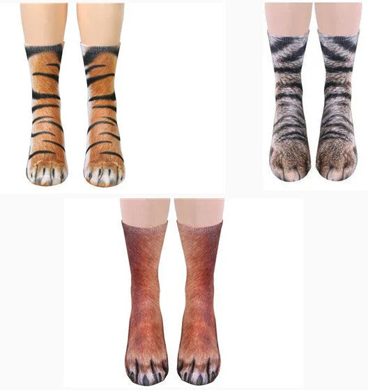 Cosy 3D animal paw socks in a variety of playful designs, including cats, dogs, elephants, tigers, and more