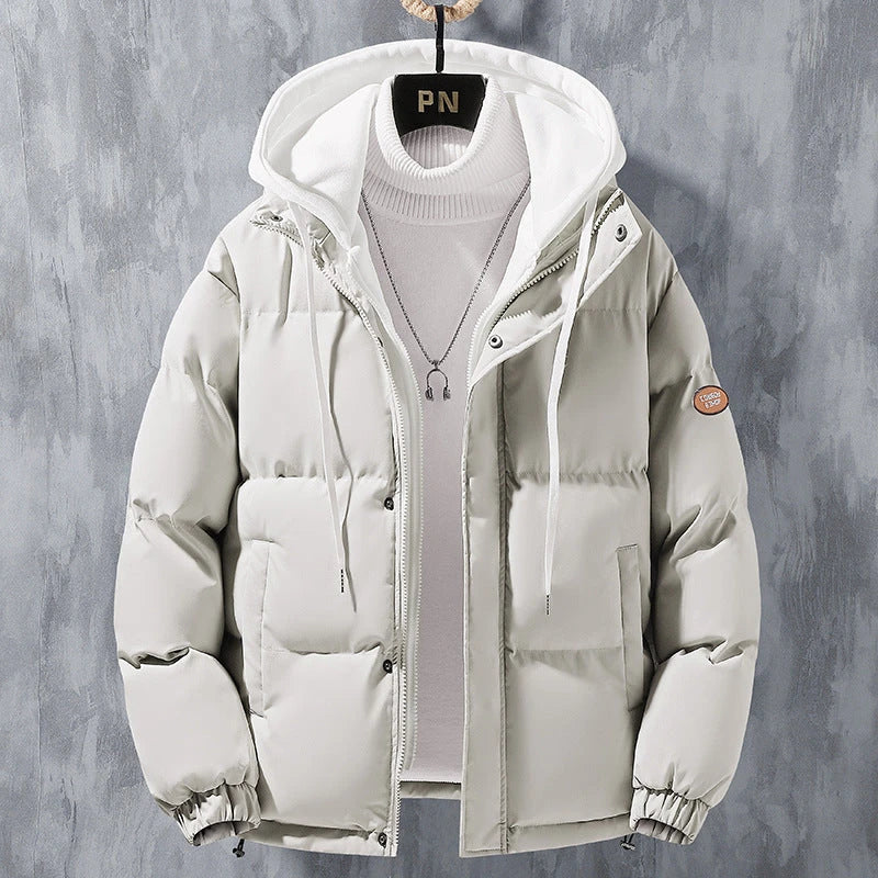 Premium insulated winter jacket for men in various colors, including black, khaki, pink, and blue. The jacket features a hooded design, front zipper closure, and adjustable drawstrings for a customized fit.