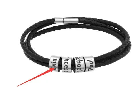 Personalized Leather Bracelet with Engraved Name Charm in Black and Brown Colors