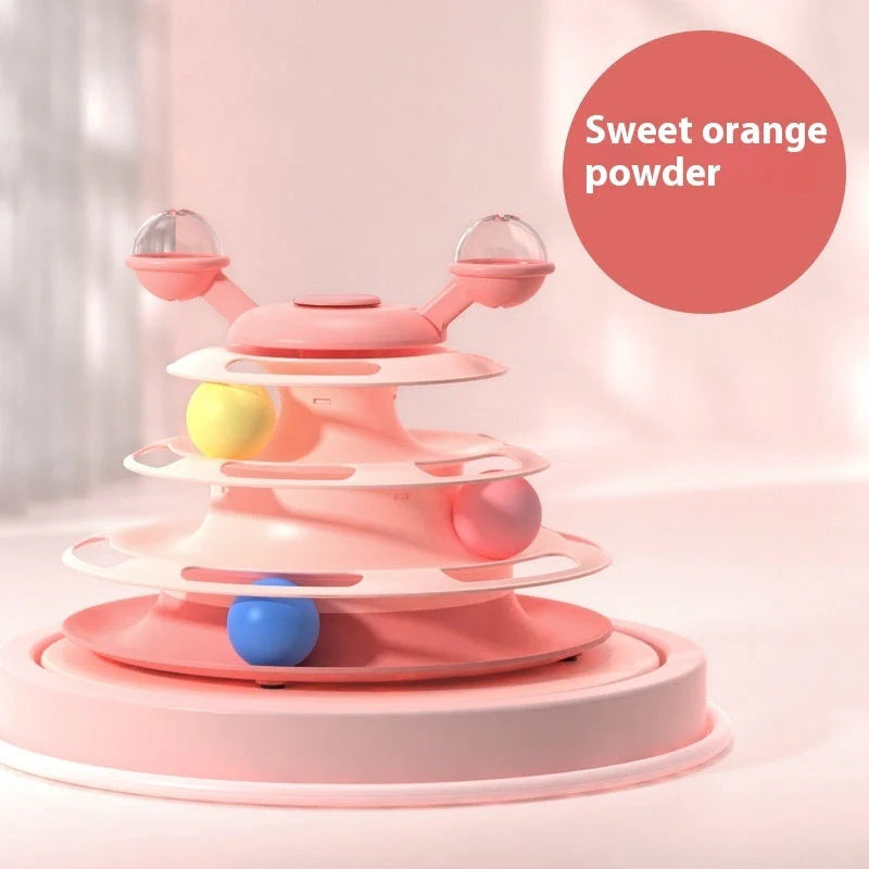 Interactive 4-level cat toy tower with turntable and roller balls in vibrant colours