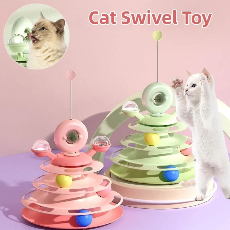 Interactive 4-level cat toy tower with turntable and roller balls in vibrant colours