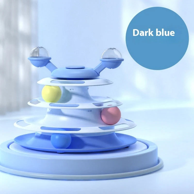 Interactive 4-level cat toy tower with turntable and roller balls in vibrant colours