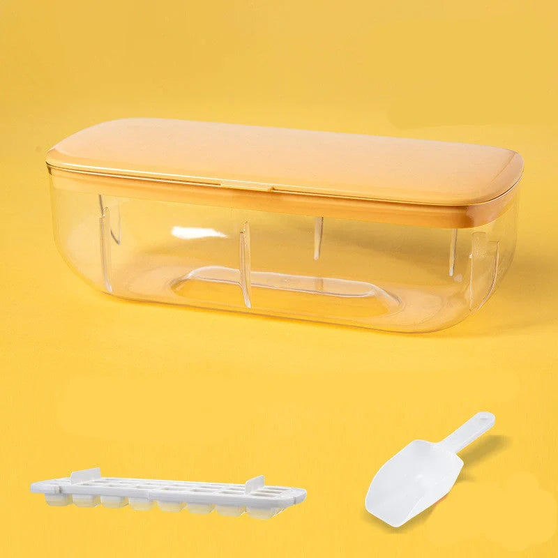Quick demould ice cube tray set with storage box in yellow, blue, and pink
