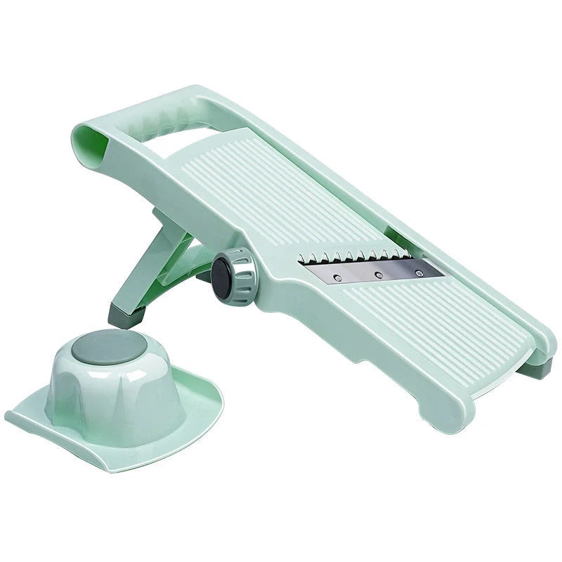Versatile vegetable slicer with adjustable thickness, ideal for slicing, shredding, and julienning a variety of ingredients