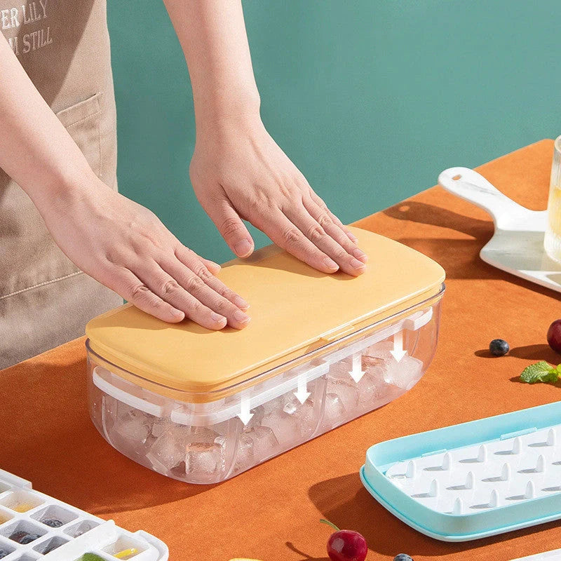 Quick demould ice cube tray set with storage box in yellow, blue, and pink