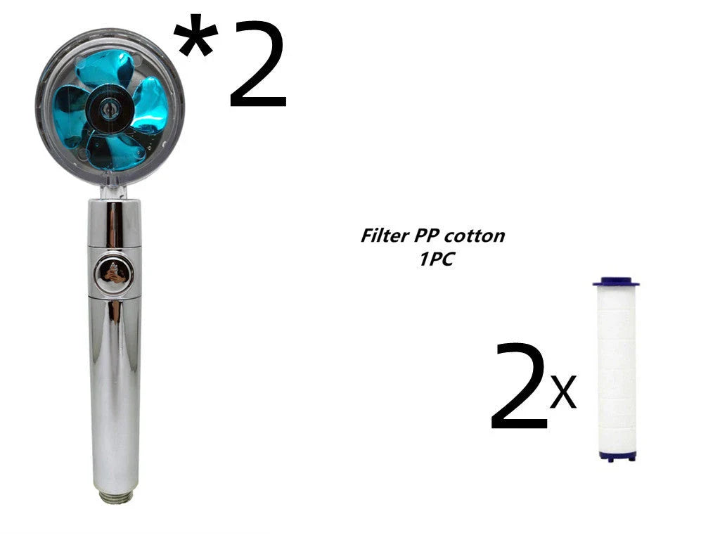 A high-pressure shower head with a stop button, cotton filter, and powerful water pressure for a luxurious bathing experience.