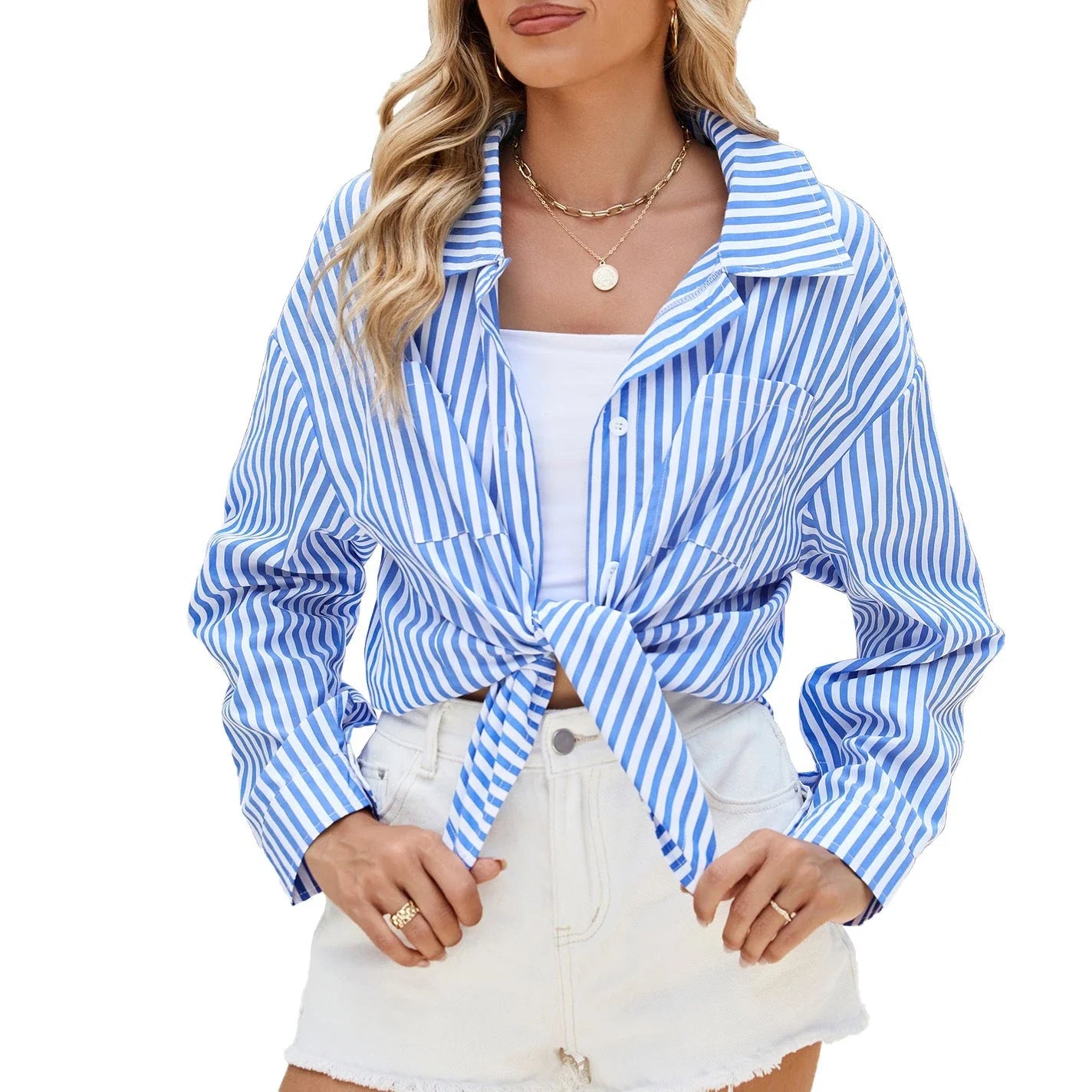 Striped long sleeve shirt with pockets for women, available in various color options and sizes