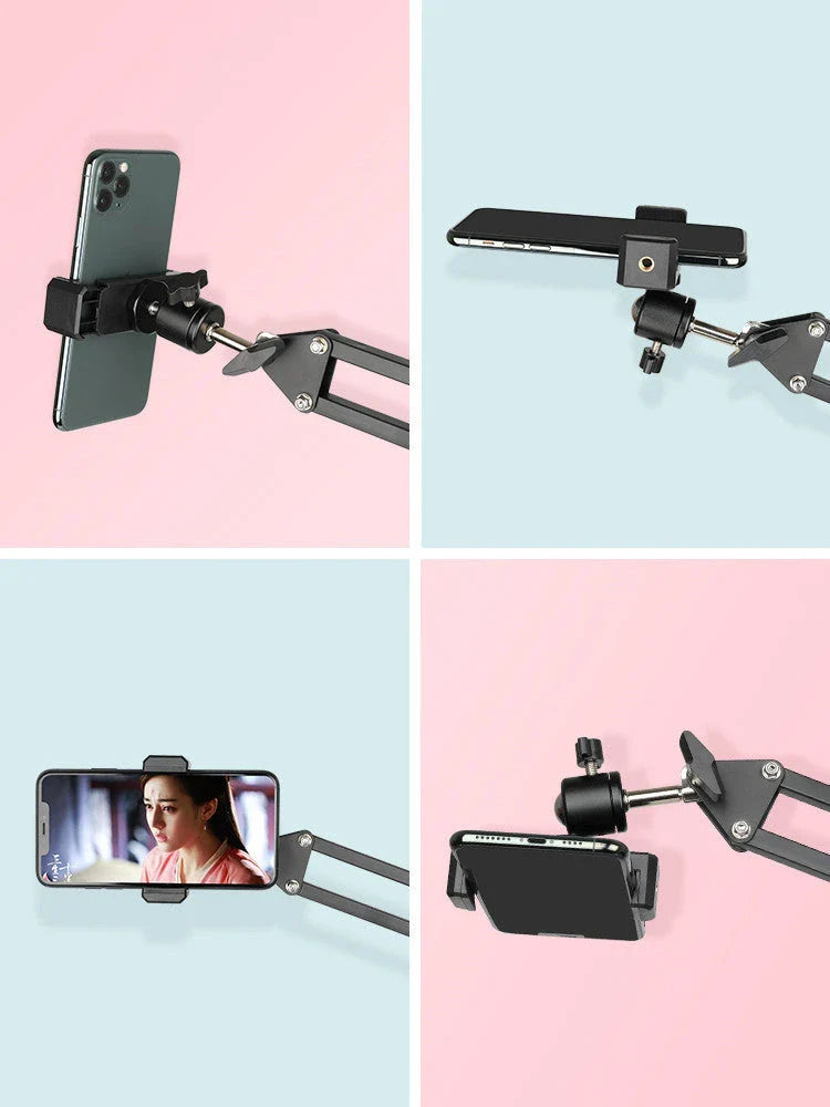 Versatile desktop phone and tablet holder with adjustable arm and 360-degree rotation for easy device positioning