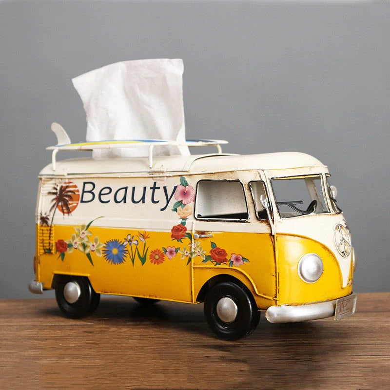 Handcrafted multicolour retro bus tissue box for home decoration
