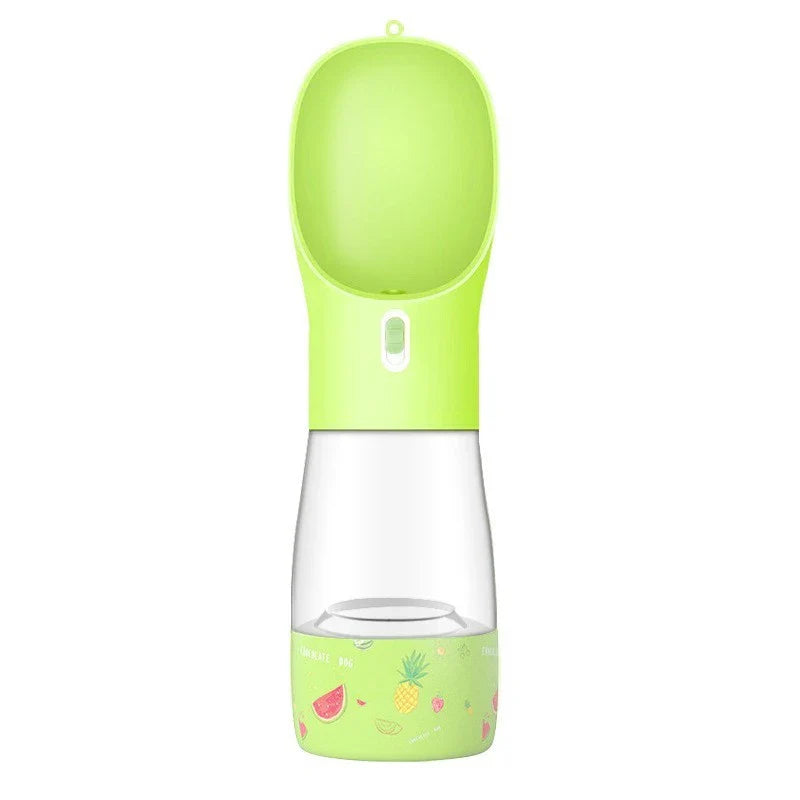 Portable pet water bottle and food bowl made of durable plastic, available in multiple colors for outdoor adventures with your furry friend.
