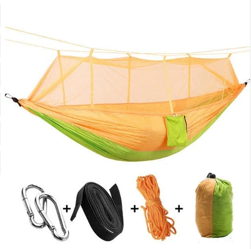 Versatile parachute hammock with mosquito net for outdoor camping and relaxation