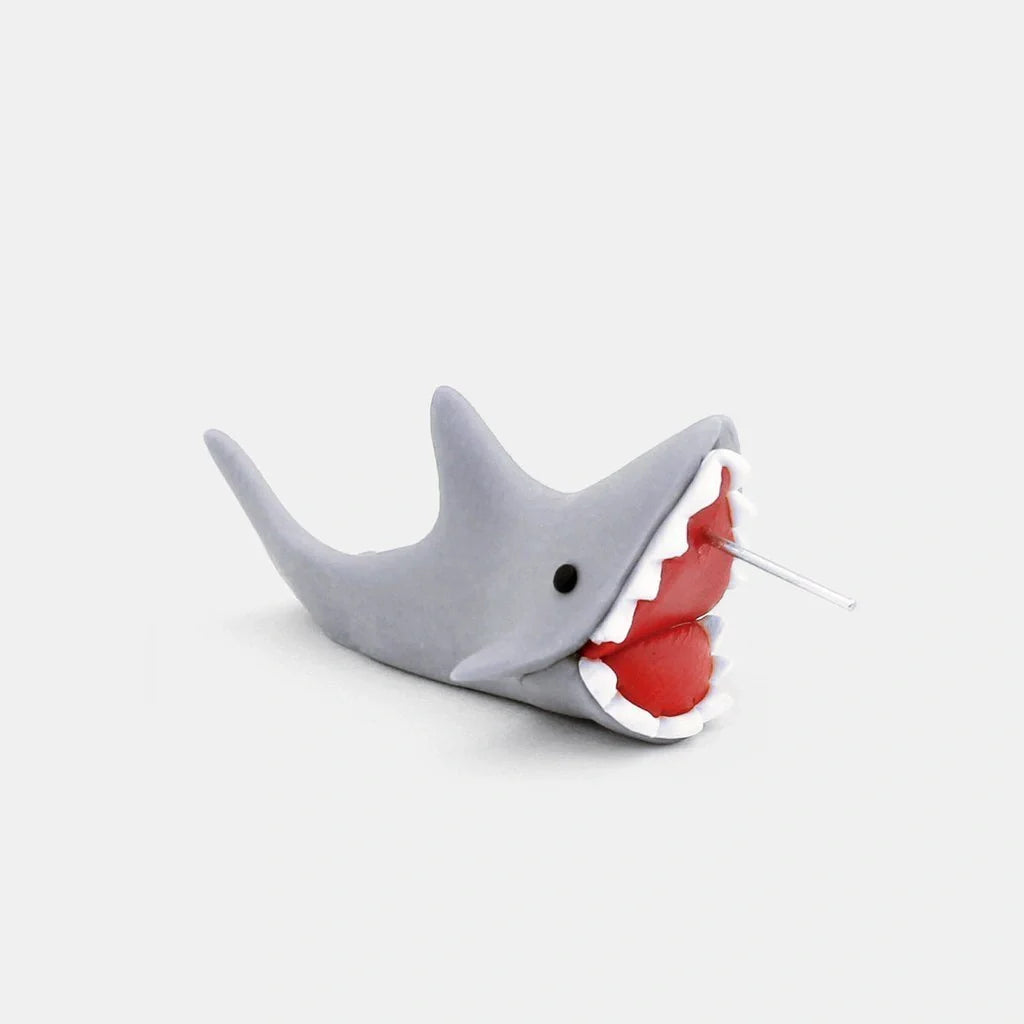 Handmade cartoon shark bite 3D stud earrings for women, unique sea animal jewellery