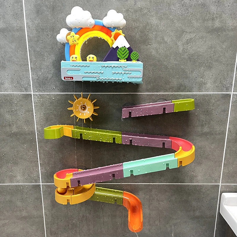 DIY baby bath toys set with marble race run track and automatic sprinkler