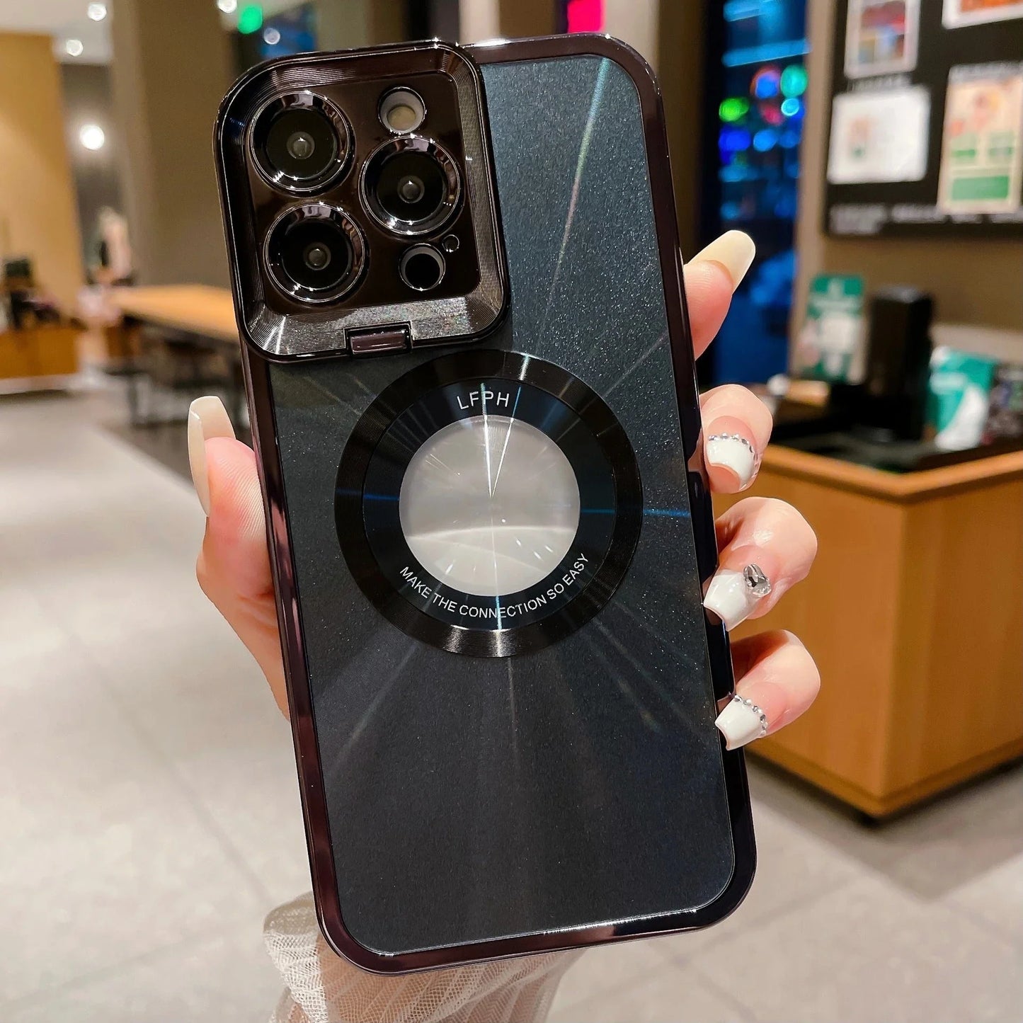 Sleek and stylish Magsafe phone case with invisible camera stand and CD pattern design