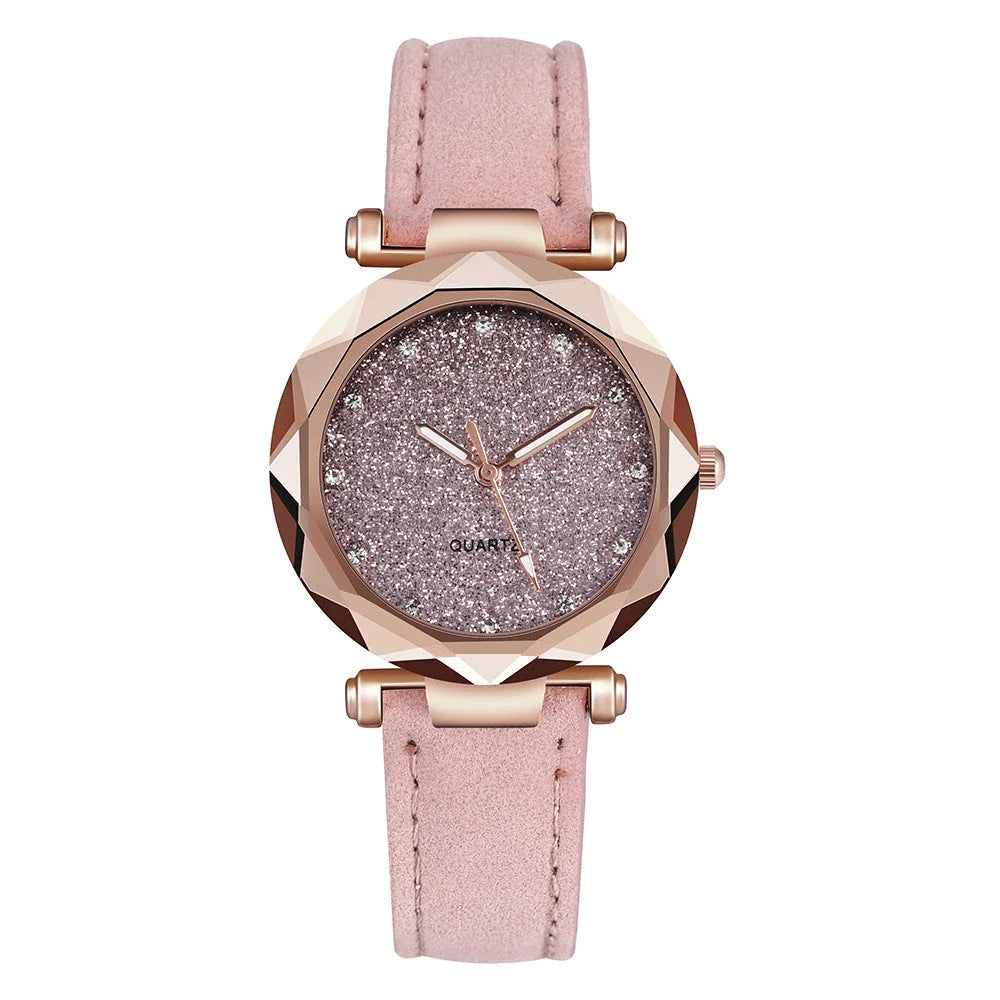 Starry Sky Women's Watch with Rhinestone Accents - Leather Strap in Various Colors