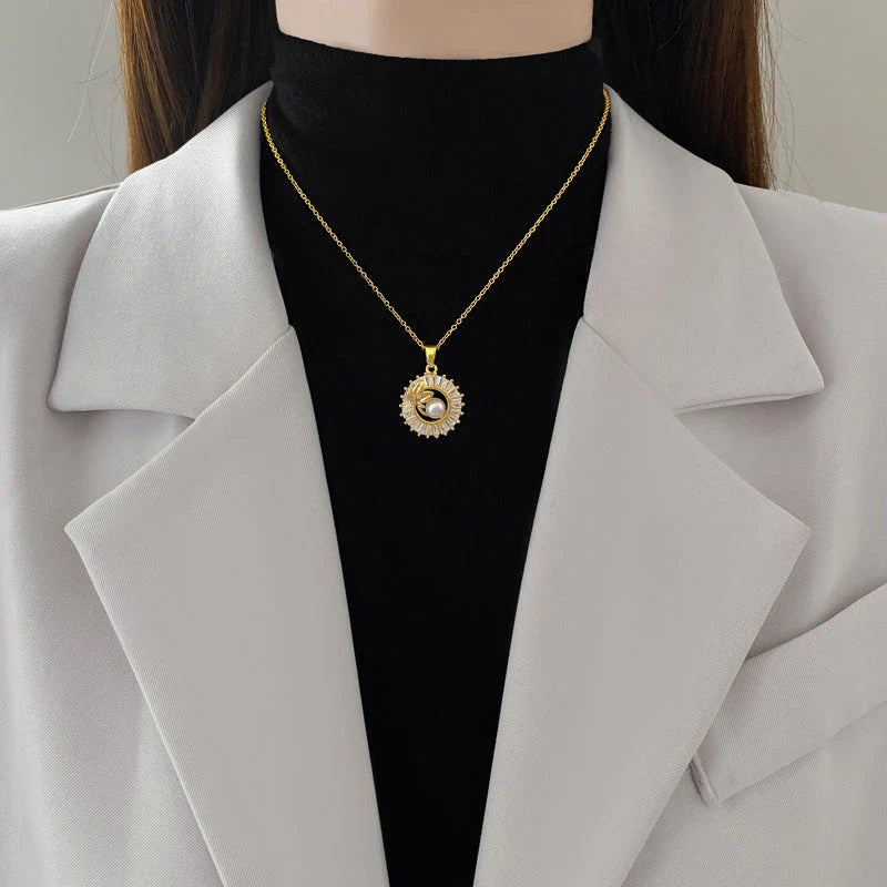 Personalized jewelry set with square pendant, round ring, and leaf-shaped earrings in titanium steel with diamond accents