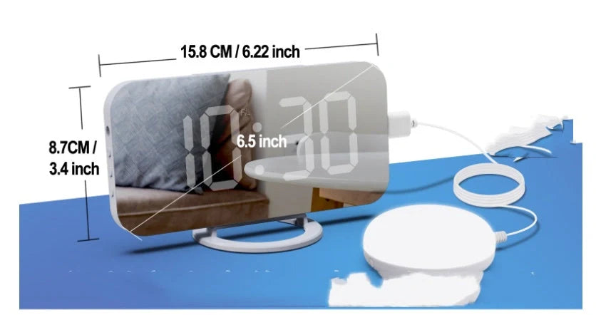 Digital mirror clock with LED display and dual USB ports on a desk