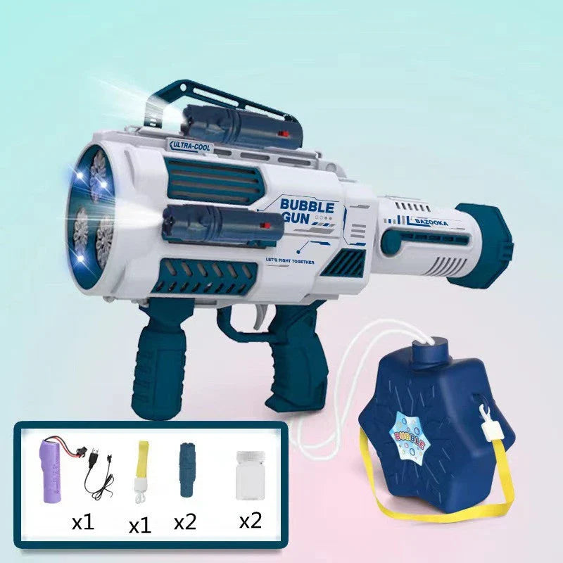 Automatic bubble blaster toy with rocket-shaped design, producing a cloud of colorful bubbles