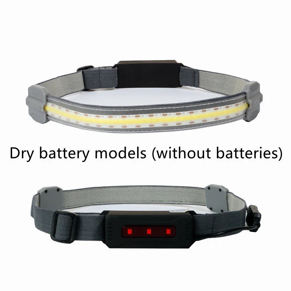 Rechargeable LED headlamp with red safety light, perfect for outdoor activities like cycling, camping, and fishing
