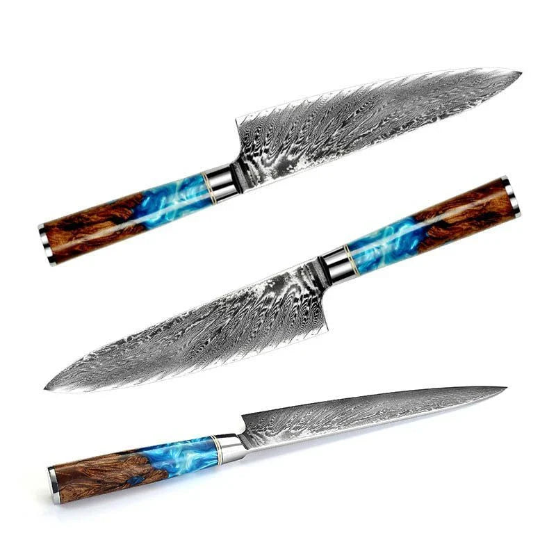 Exquisite Japanese Damascus Steel Chef's Knife with Stunning Brocade Pattern and Ergonomic Resin Wood Handle