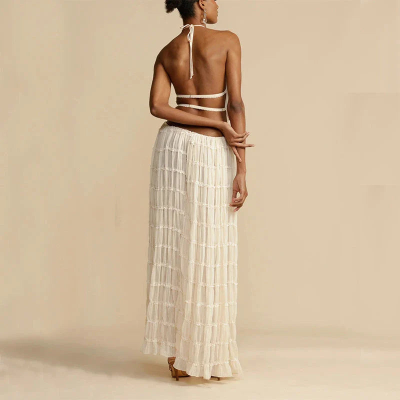 Chic sleeveless backless cropped halter top and pleated maxi dress set in various colors