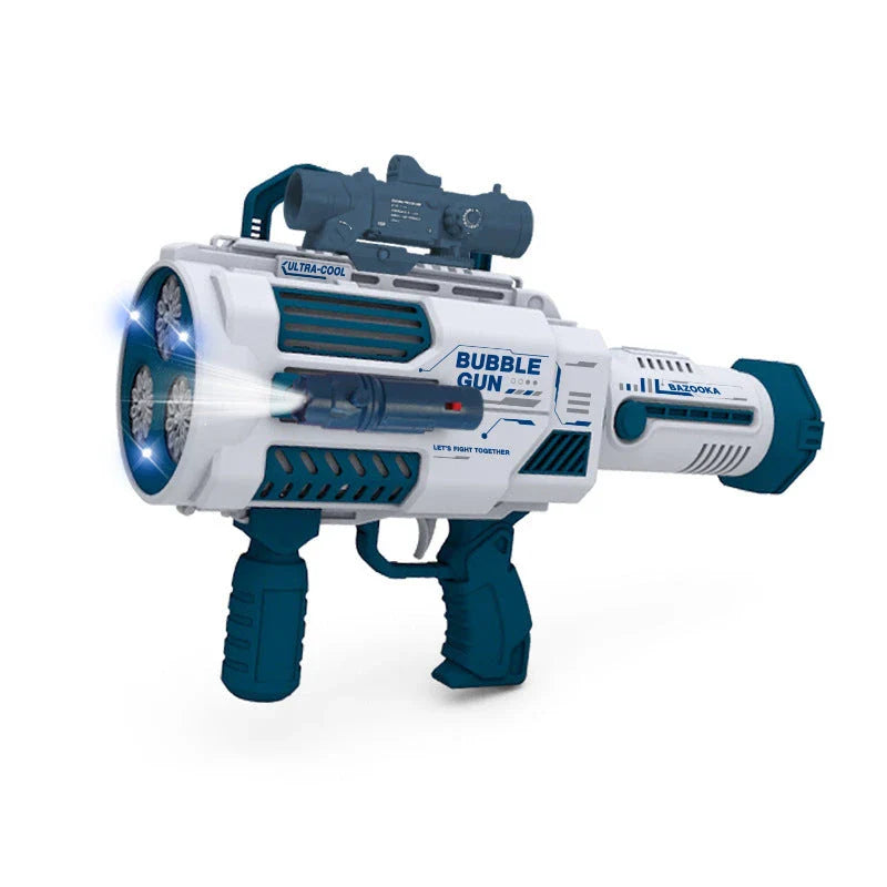 Automatic bubble blaster toy with rocket-shaped design, producing a cloud of colorful bubbles