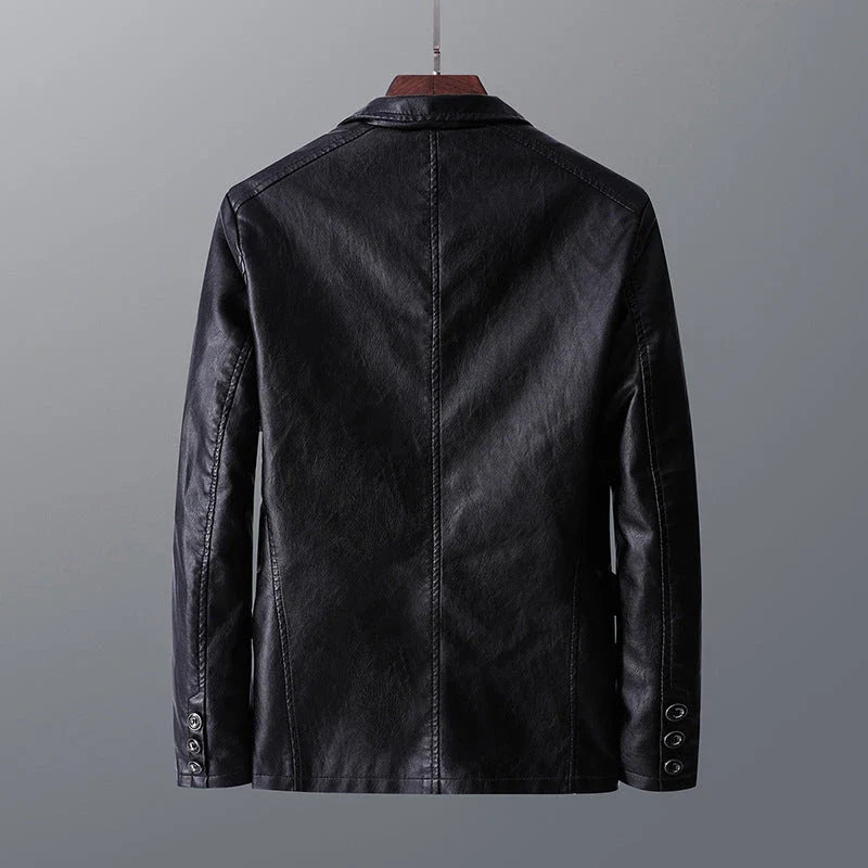 A stylish leather jacket with a unique studded lapel design, perfect for autumn and winter wear.