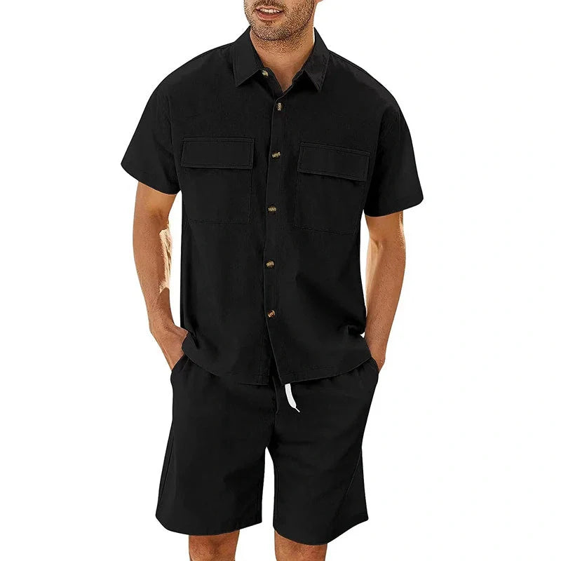 A stylish summer suit featuring a short-sleeved shirt and drawstring shorts in a variety of classic colours, perfect for leisure and sports activities.