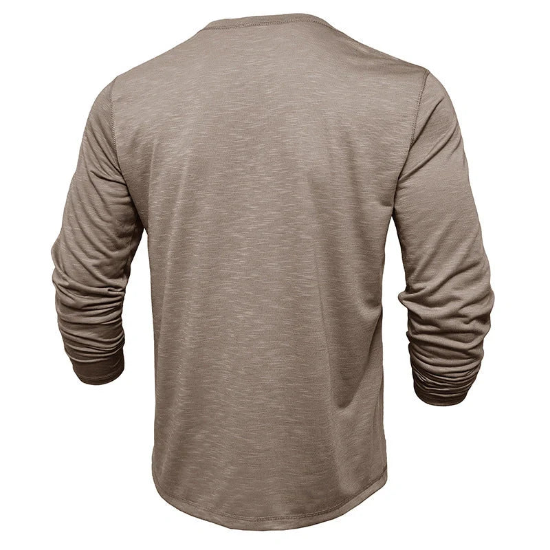 Men's Long-sleeved Henry Collar T-shirt in slub cotton, available in multiple colours