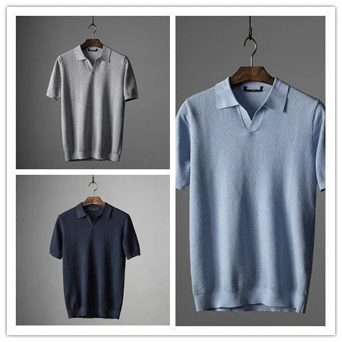 Men's V knit lapel short sleeve top in cotton, available in blue, navy blue, and grey