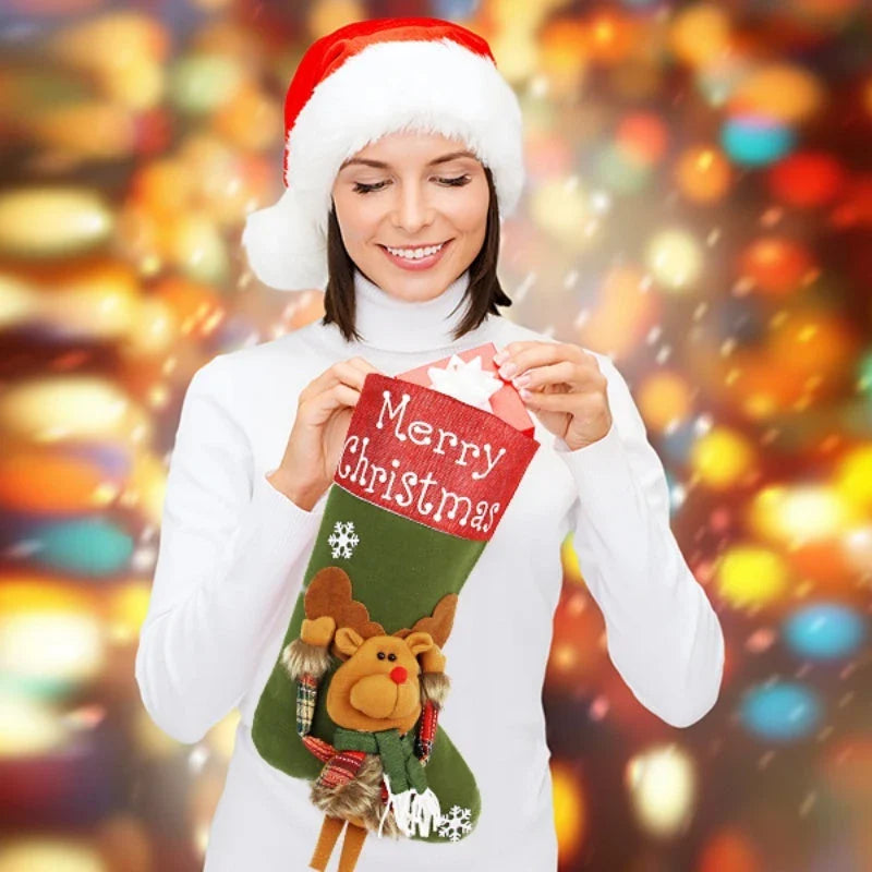 Extra-large Christmas stockings with 3D applique designs of Santa, Snowman, and Reindeer