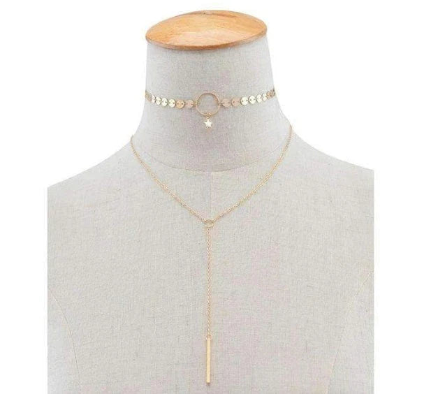 Elegant gold or silver layered choker necklace with adjustable circumference, crafted with premium alloy material for long-lasting durability