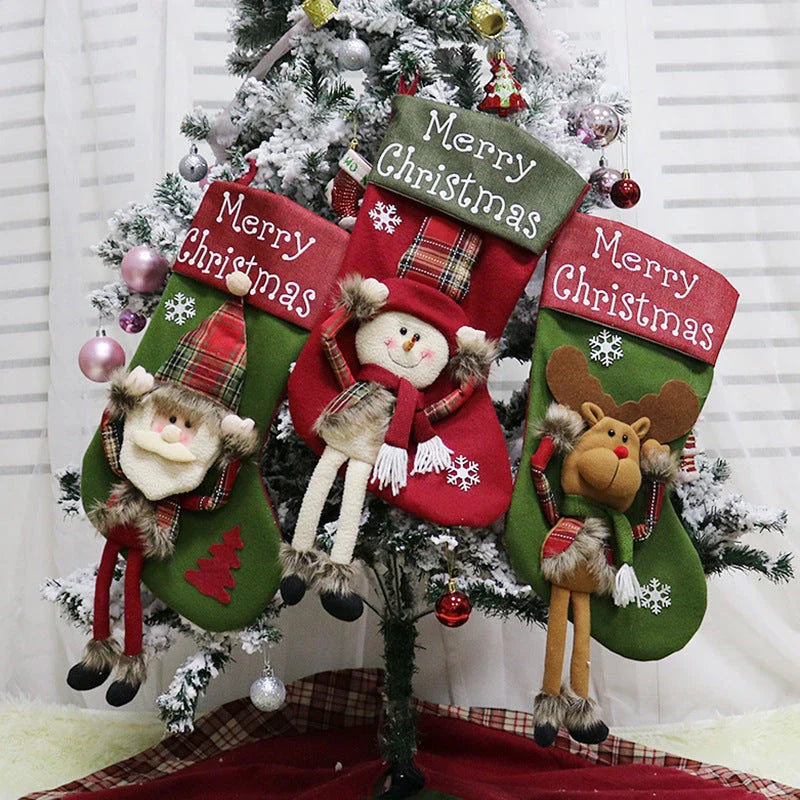 Extra-large Christmas stockings with 3D applique designs of Santa, Snowman, and Reindeer