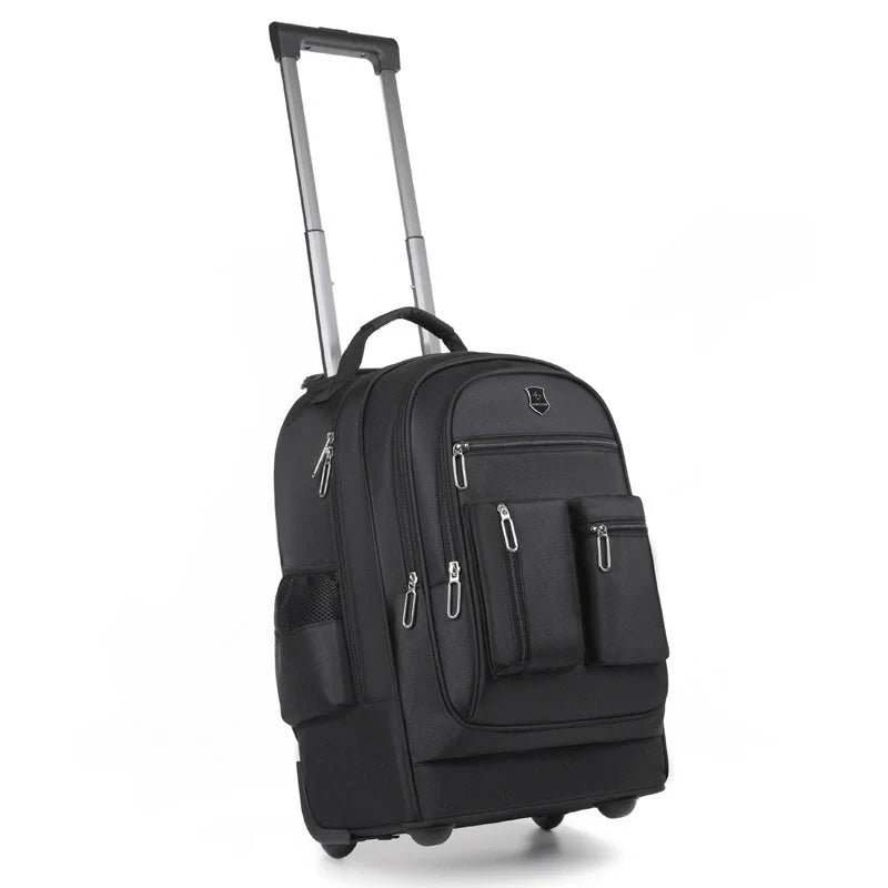 Durable, waterproof trolley backpack with single-directional wheel for smooth mobility and ample storage space for British travellers