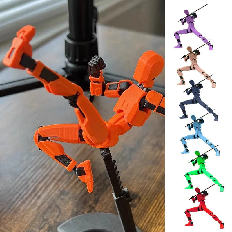 Poseable 3D-printed transforming robot action figure toy in various bright colors